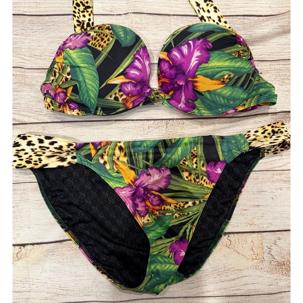Y2K Victorias SecretBombshell Bikini Top & Bottom Floral Leopard Print 34B/L - Picture 2 of 8